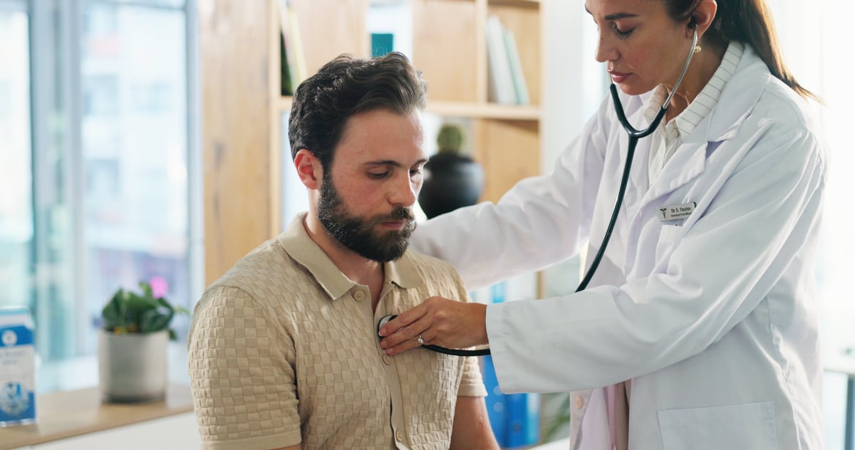 Hospital, breathe and doctor with stethoscope for man for diagnosis